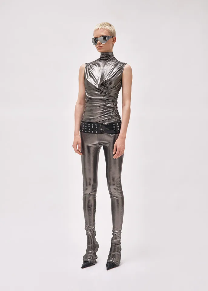 Blumarine Laminated-Finish Puddle-Hem Stretch Leggings