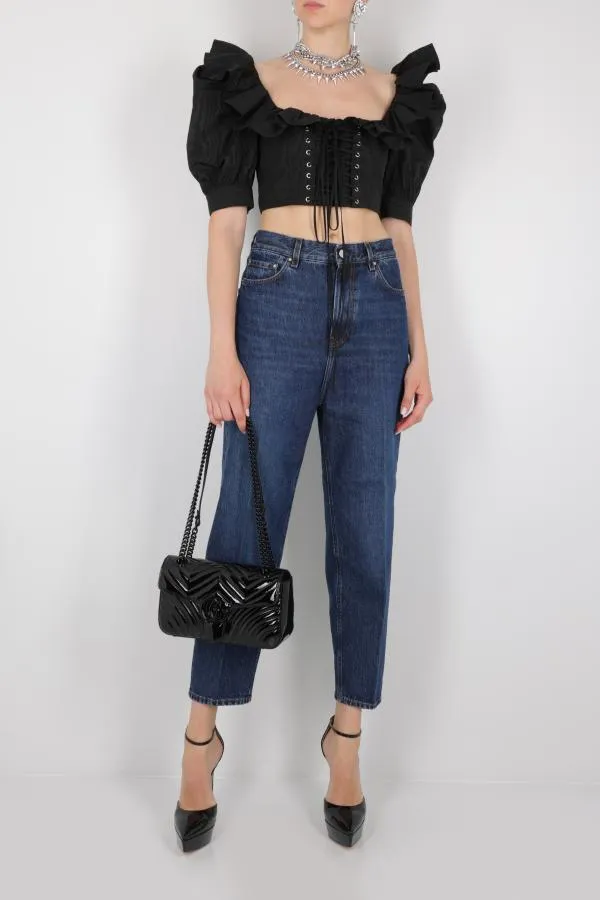 Alessandra Rich Ruffled Cropped Lace-Up Blouse
