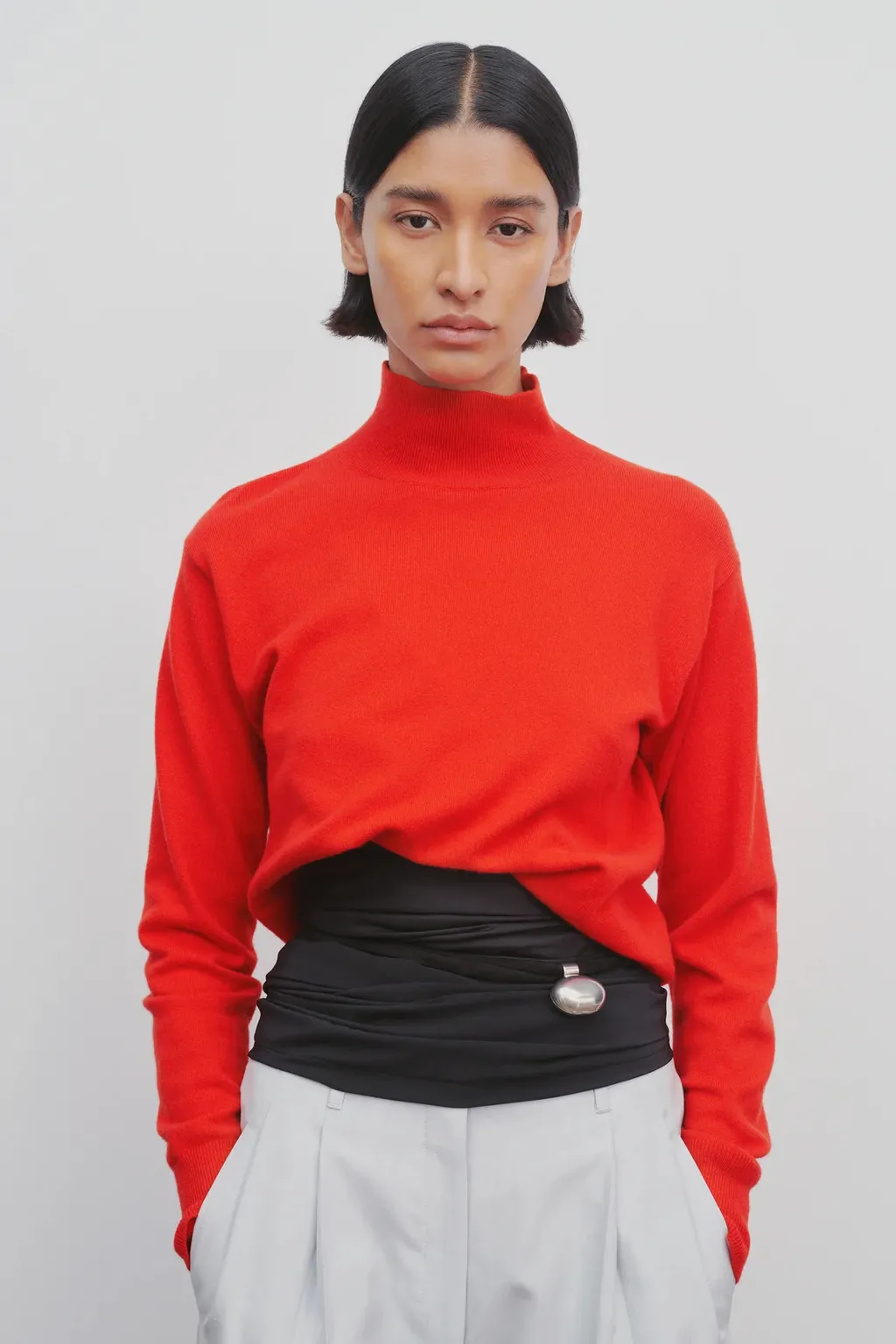 High-Neck Asymmetrical Cashmere Sweater