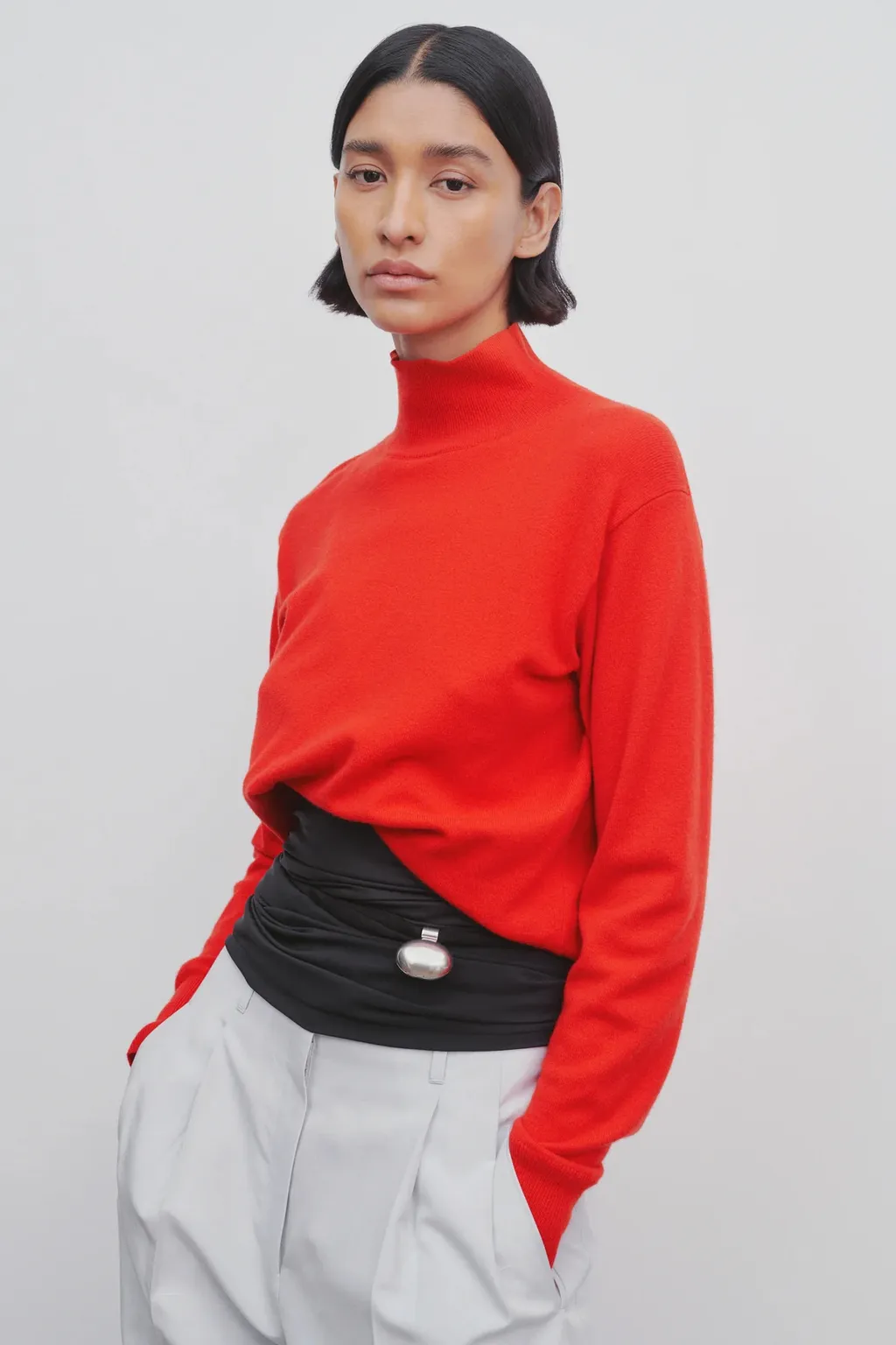 High-Neck Asymmetrical Cashmere Sweater