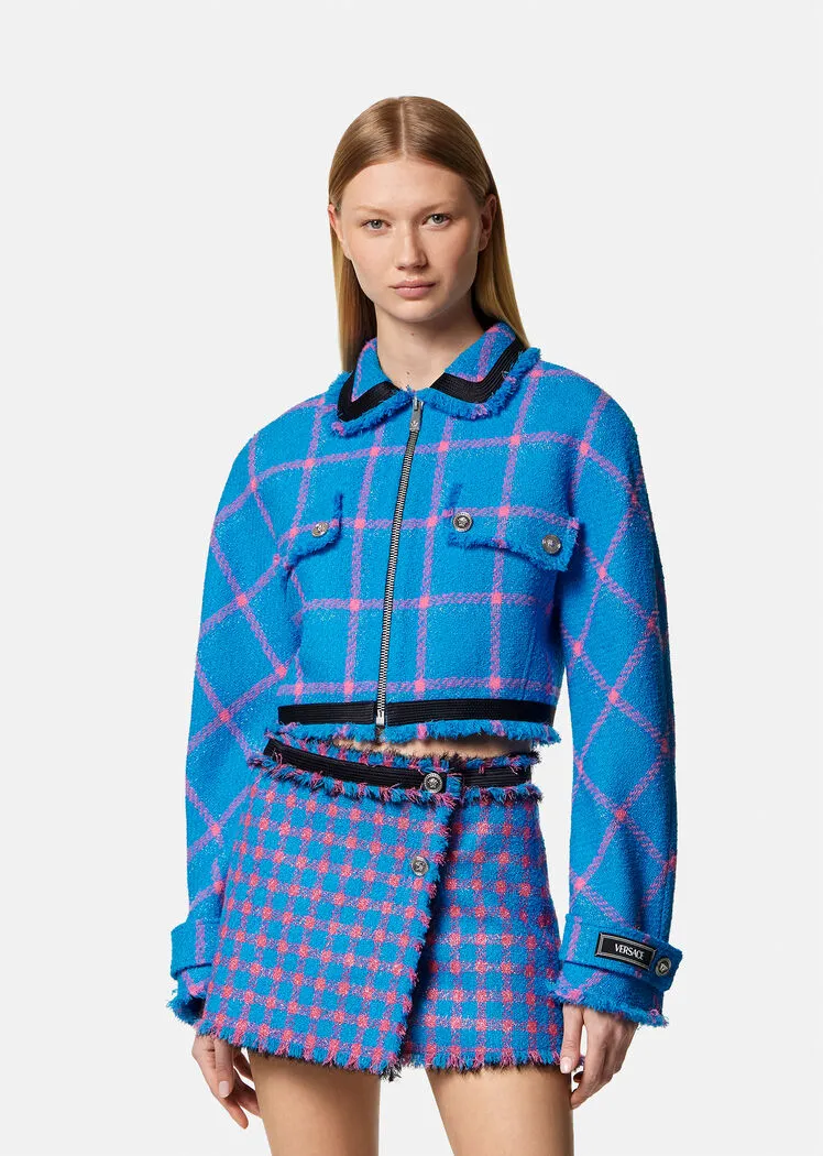 Check-Pattern Cropped Tweed Jacket