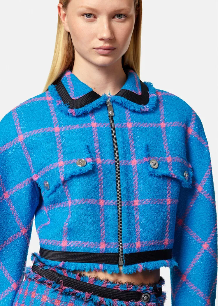 Check-Pattern Cropped Tweed Jacket