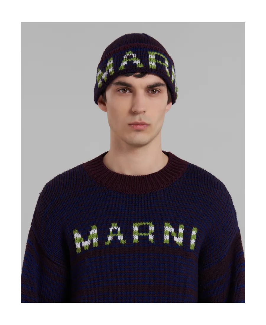 Blue Mouliné Beanie With Striped Logo