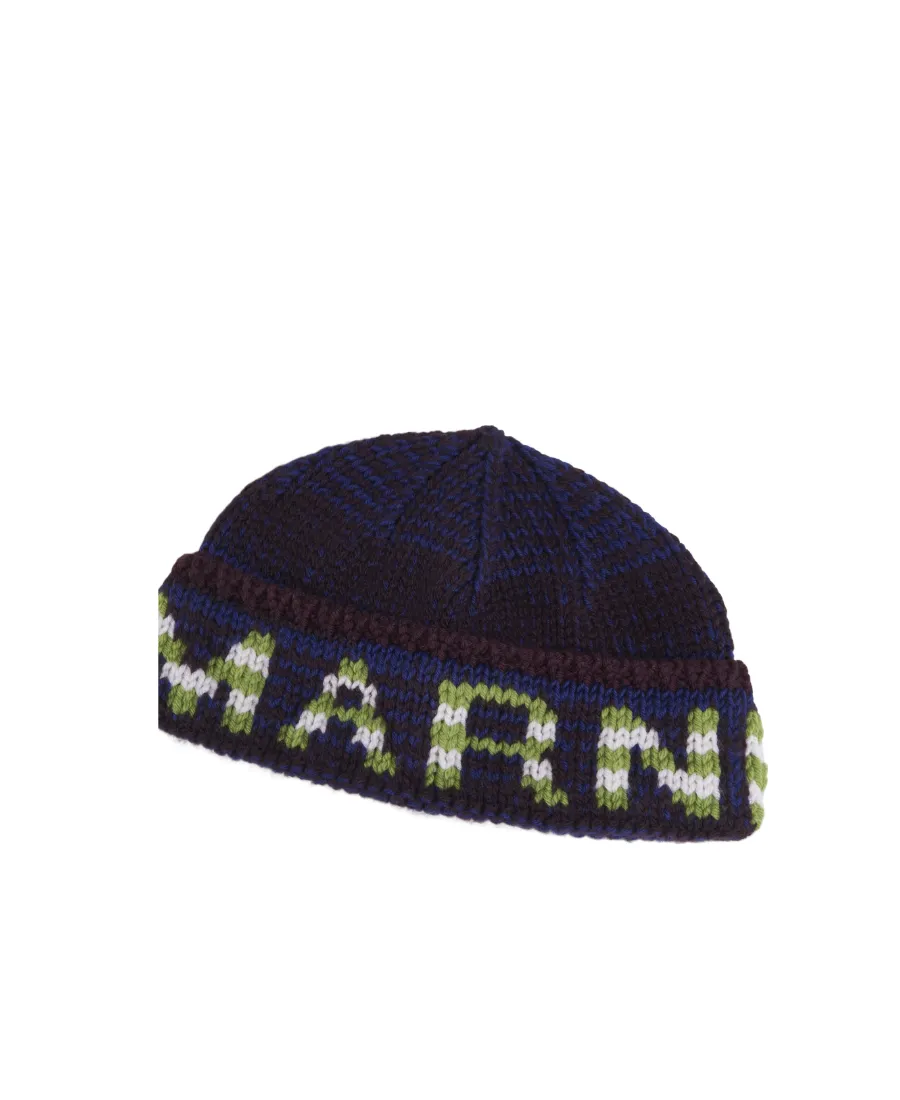 Blue Mouliné Beanie With Striped Logo