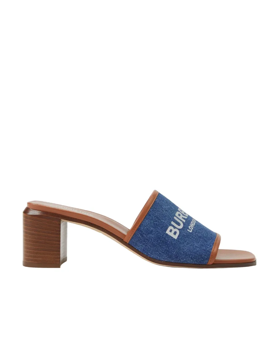 Label Print Denim And Leather 55Mm Mules