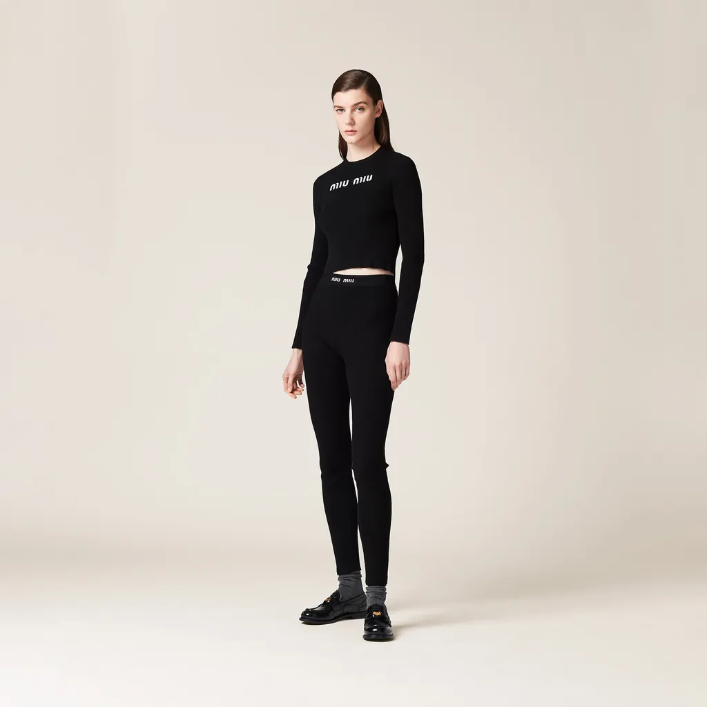Miu Miu High Waist Logo Band Ribbed Leggings