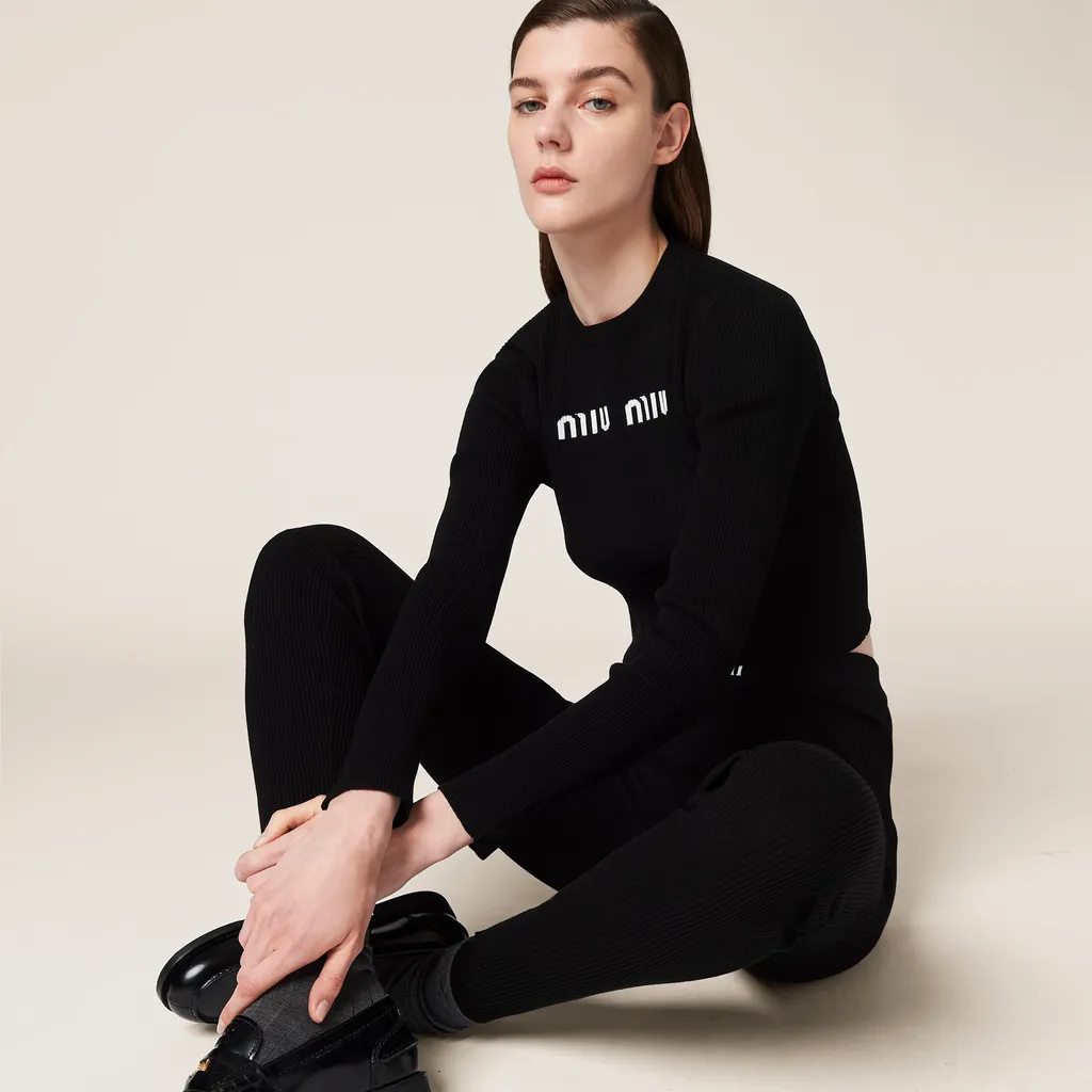 Miu Miu High Waist Logo Band Ribbed Leggings