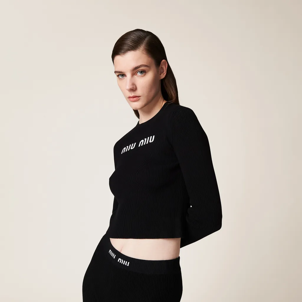Miu Miu High Waist Logo Band Ribbed Leggings