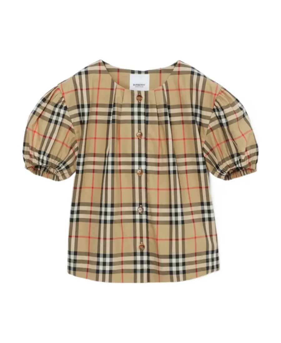 Burberry Kids Checkered Puff Sleeved Twill Blouse