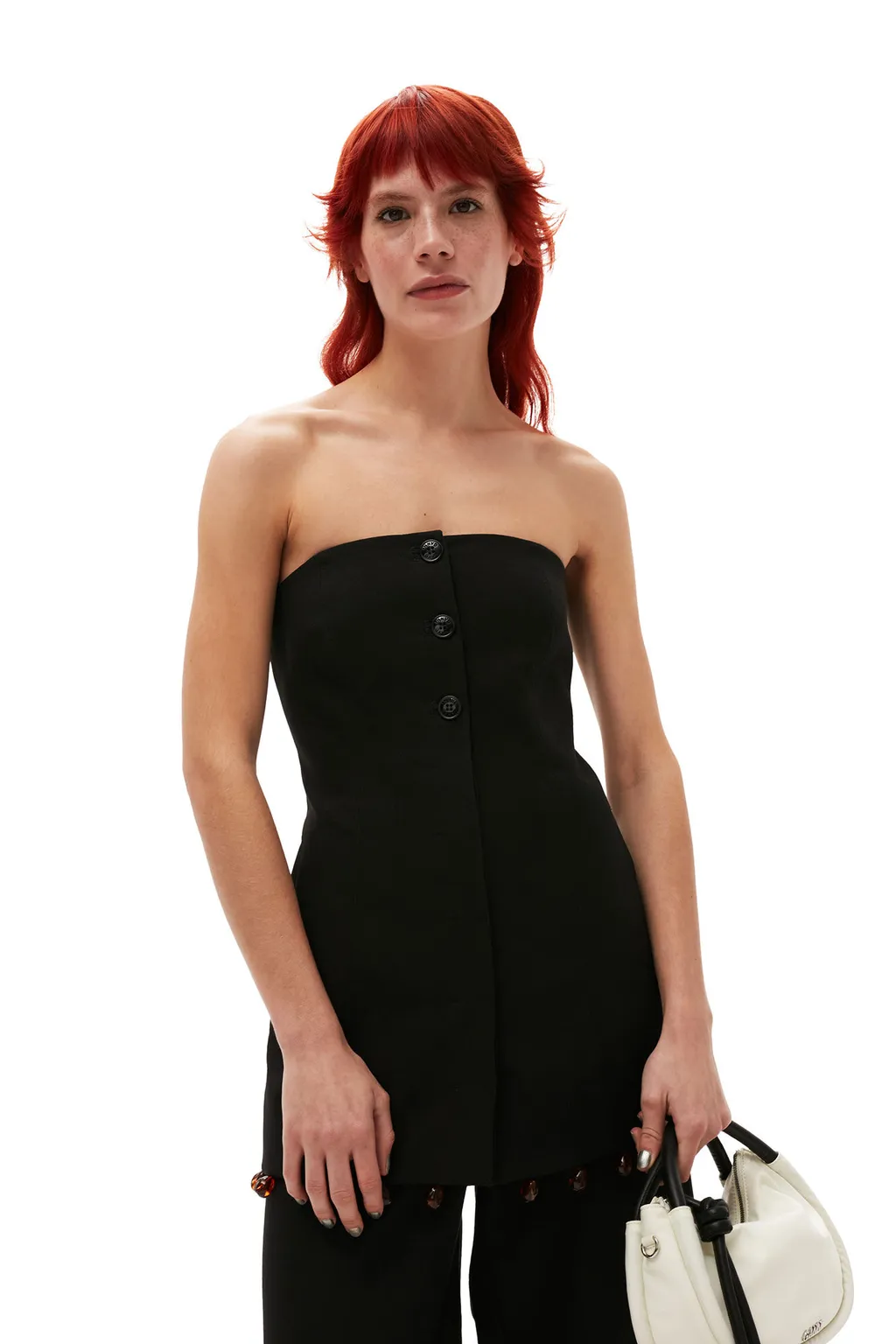 Ganni Beaded-Hem Button-Fastened Strapless Top