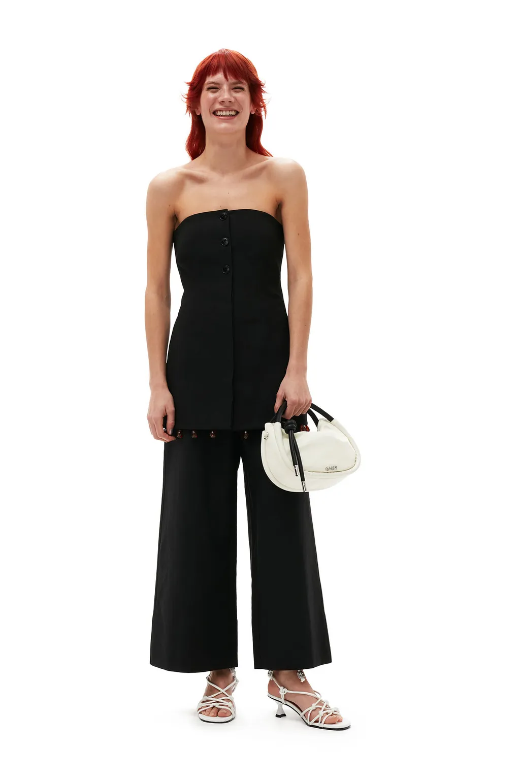 Ganni Beaded-Hem Button-Fastened Strapless Top