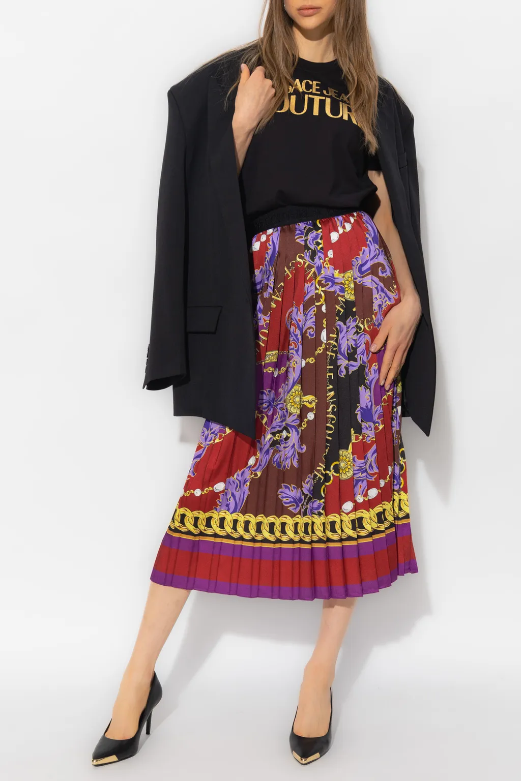 Chain-Print Pliss Midi Skirt