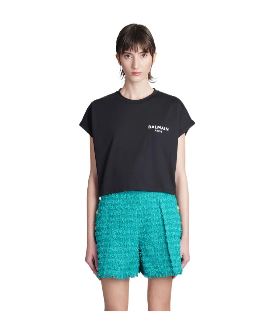 Balmain Flocked Logo Cropped T-Shirt
