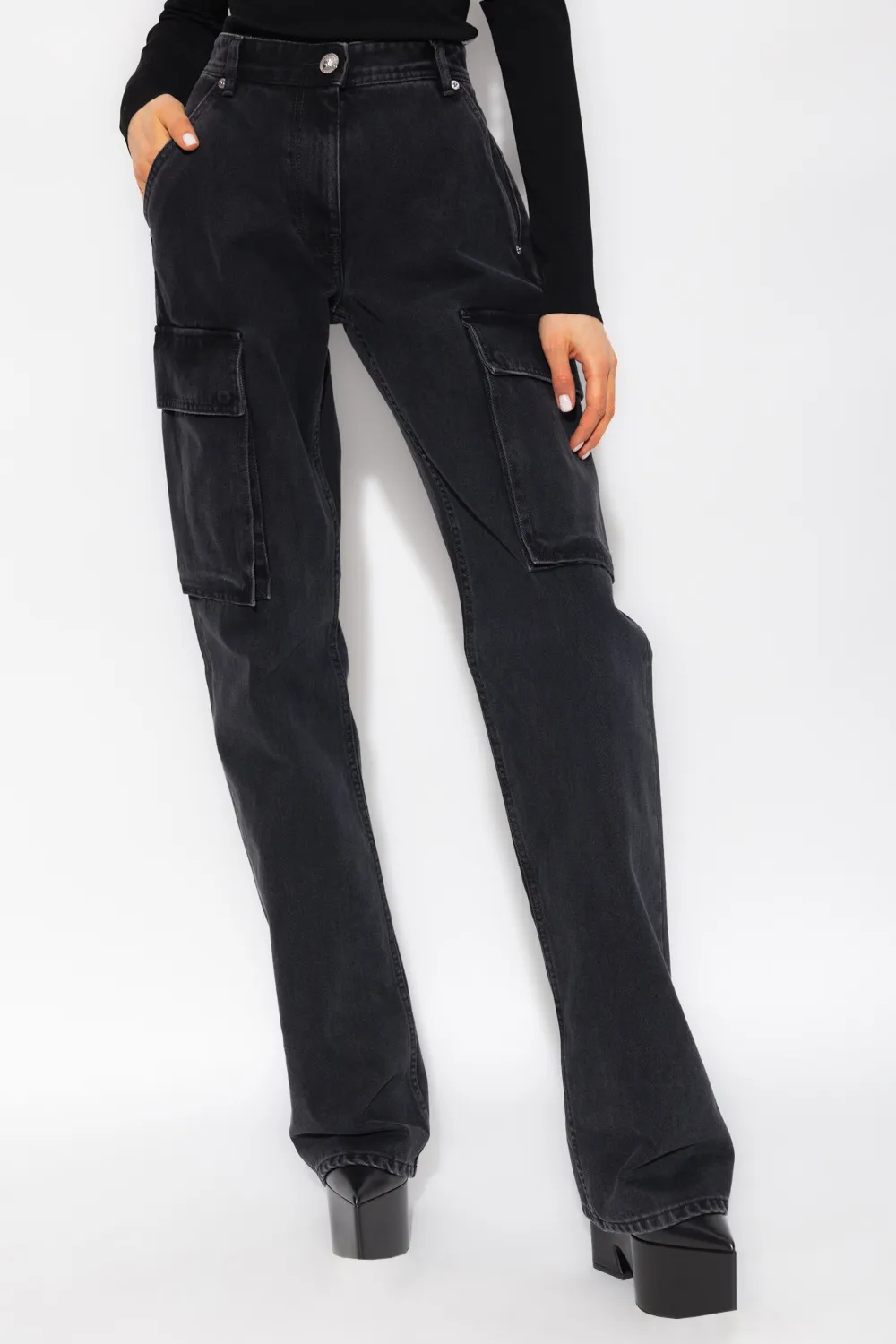 High-Waisted Washed Denim Trousers