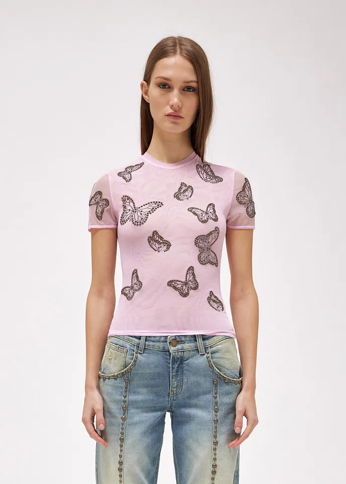 Butterfly-Studded Semi-Sheer T-Shirt