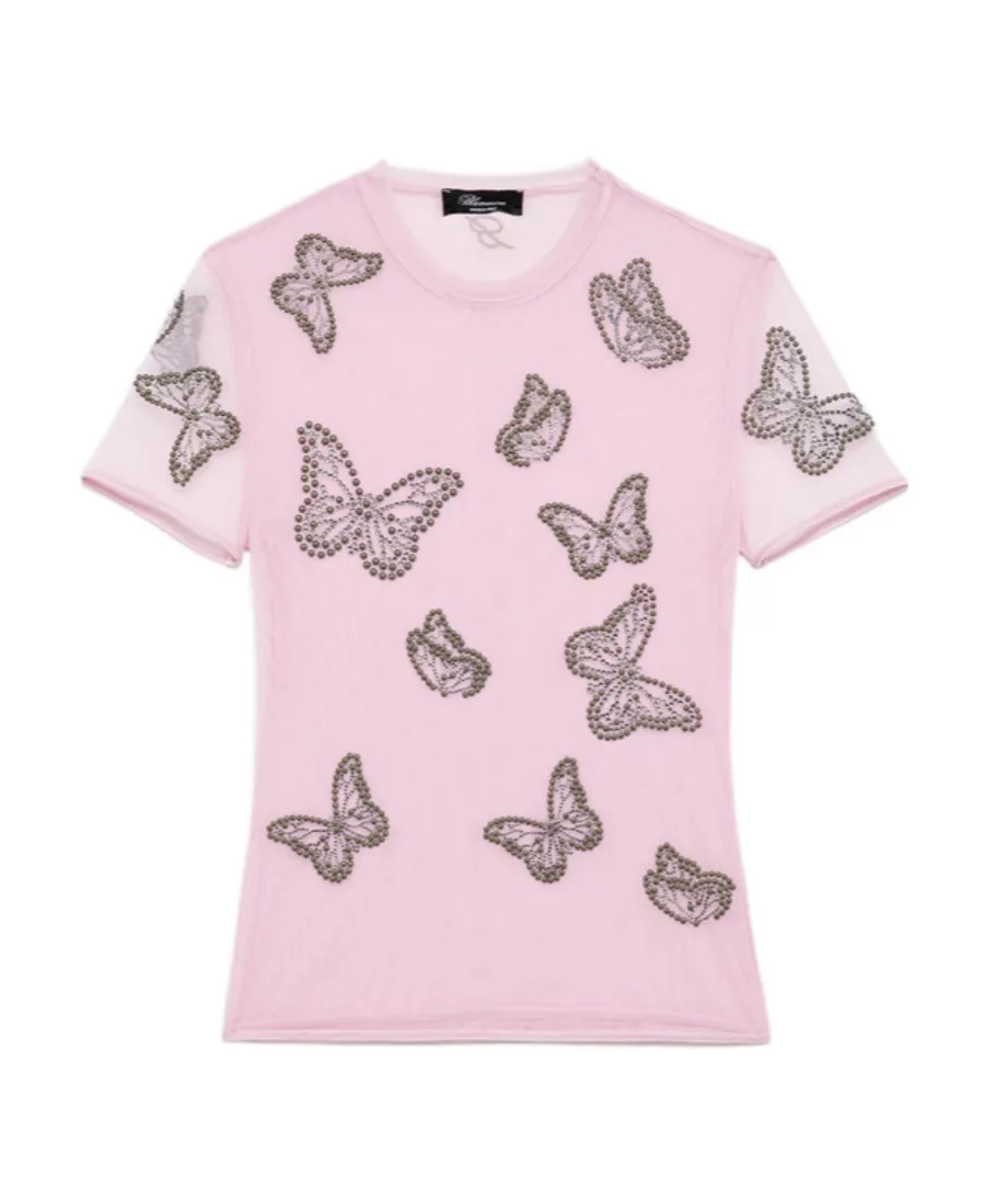 Butterfly-Studded Semi-Sheer T-Shirt