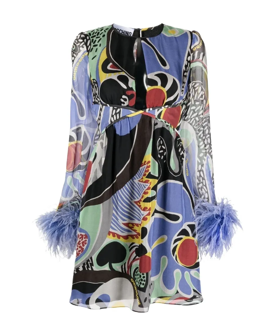 Moschino Feather-Trim Psychedelic Printed Cut-Out Dress