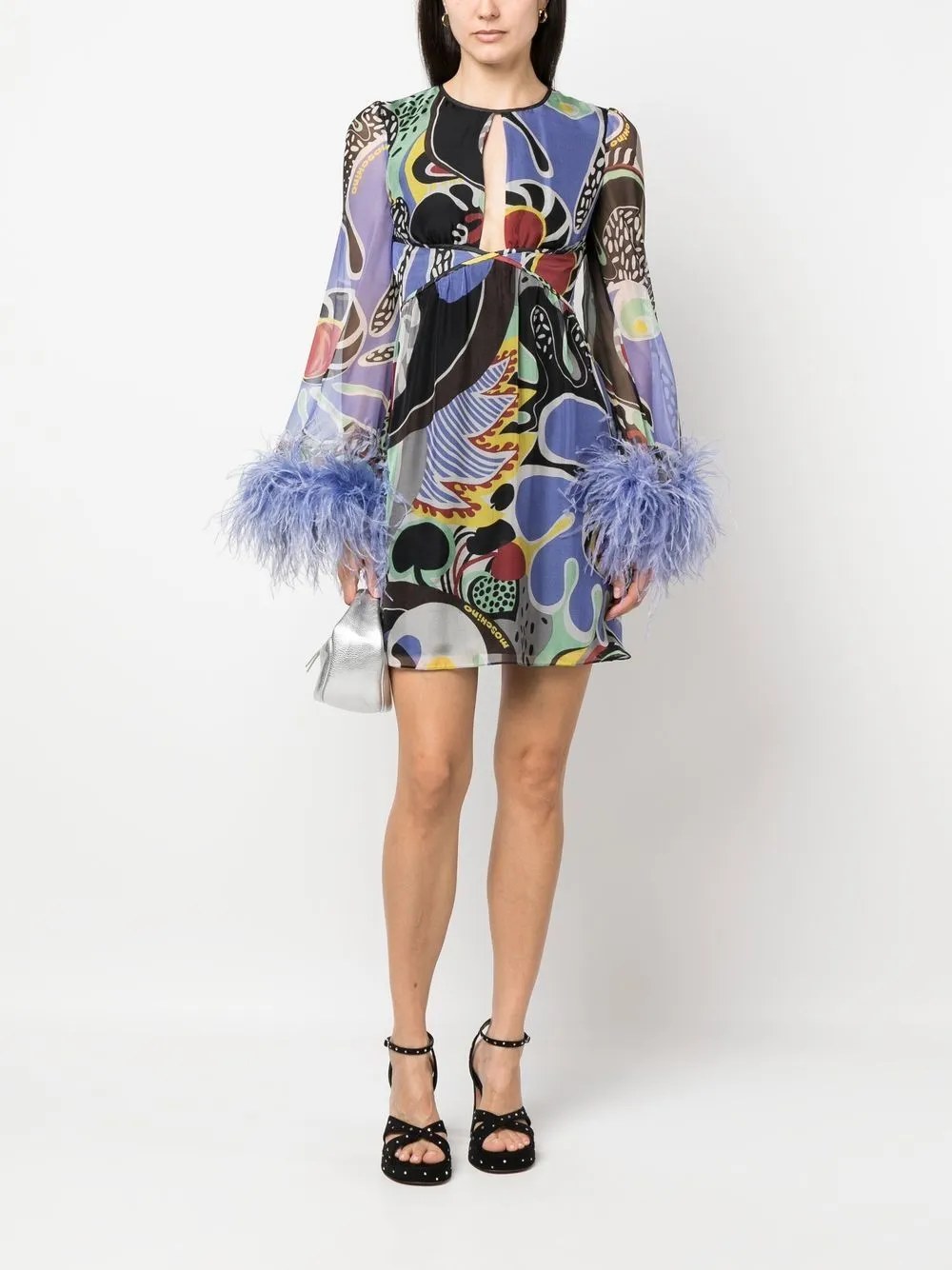 Moschino Feather-Trim Psychedelic Printed Cut-Out Dress
