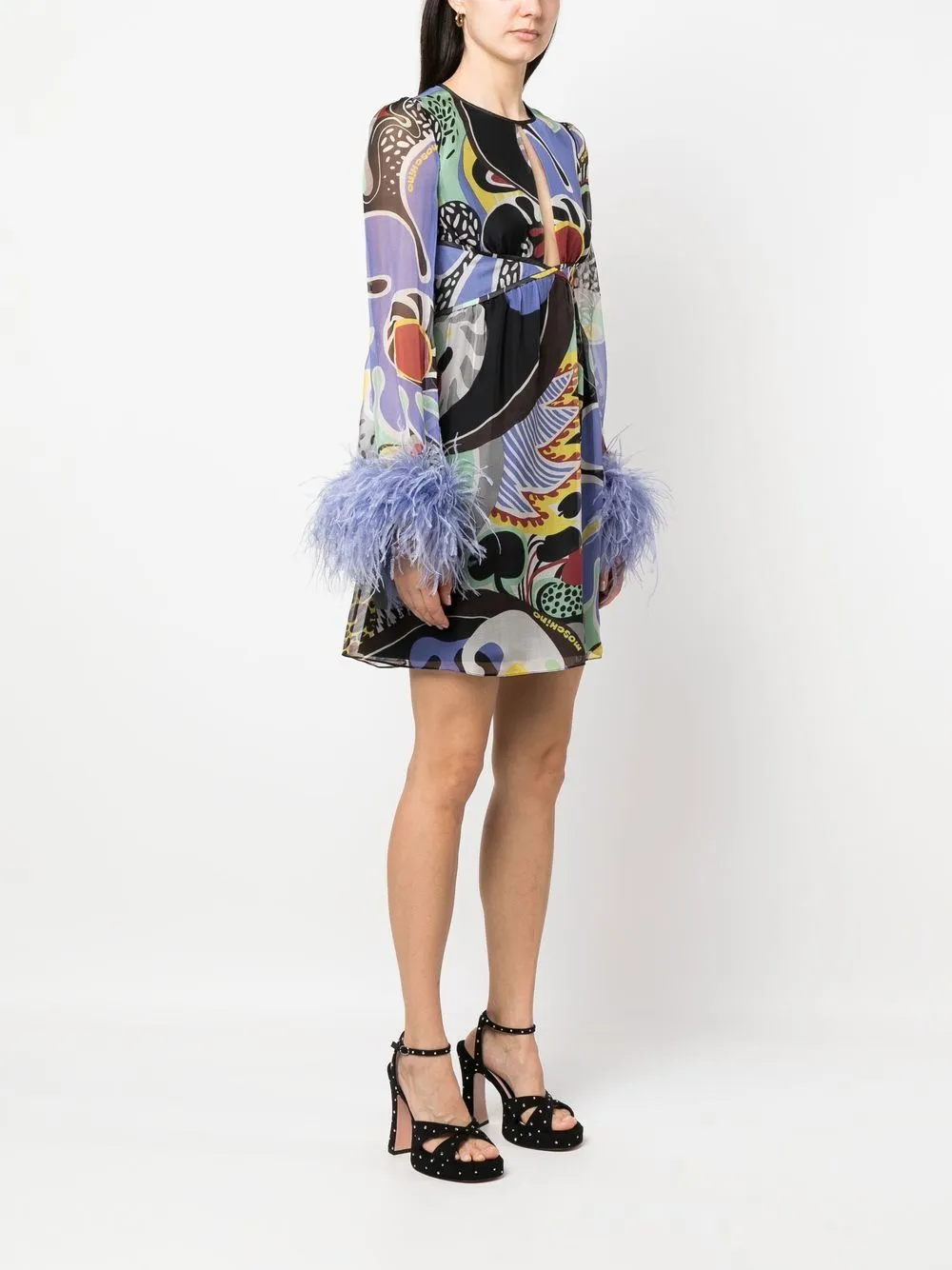 Moschino Feather-Trim Psychedelic Printed Cut-Out Dress