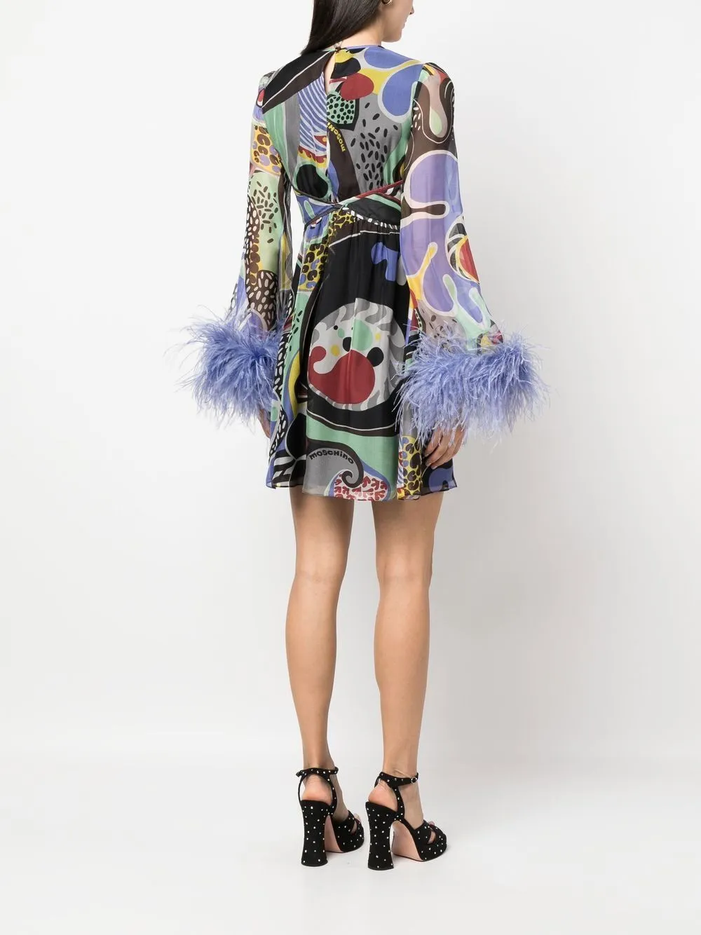 Moschino Feather-Trim Psychedelic Printed Cut-Out Dress