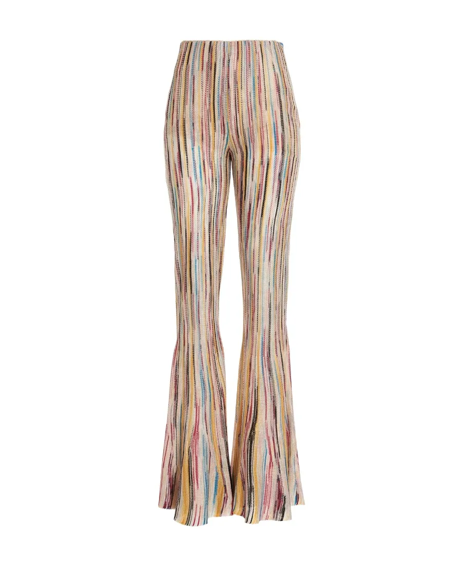 Stripe-Pattern Semi-Sheer Flared Trousers
