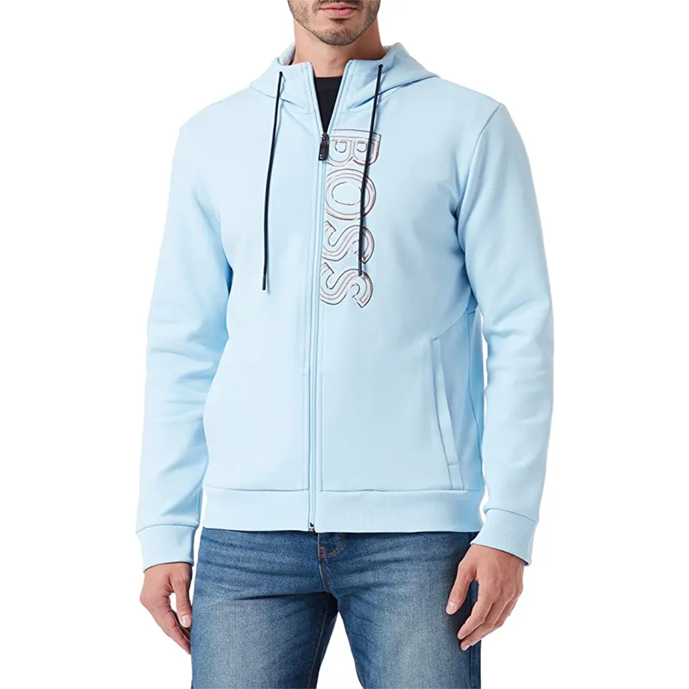 Logo Embroidered Zipper Hooded Casual Coat