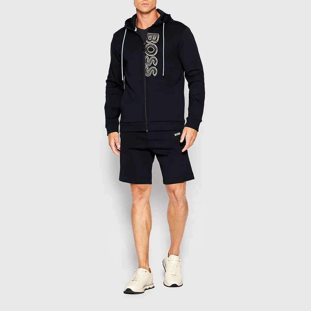 Logo Embroidered Zipper Hooded Casual Coat