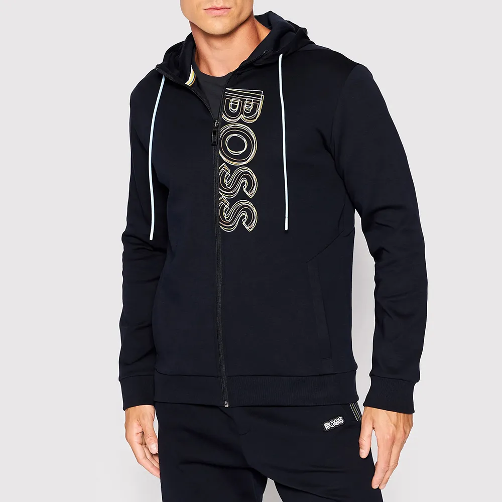 Logo Embroidered Zipper Hooded Casual Coat