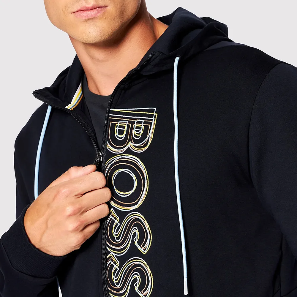 Logo Embroidered Zipper Hooded Casual Coat