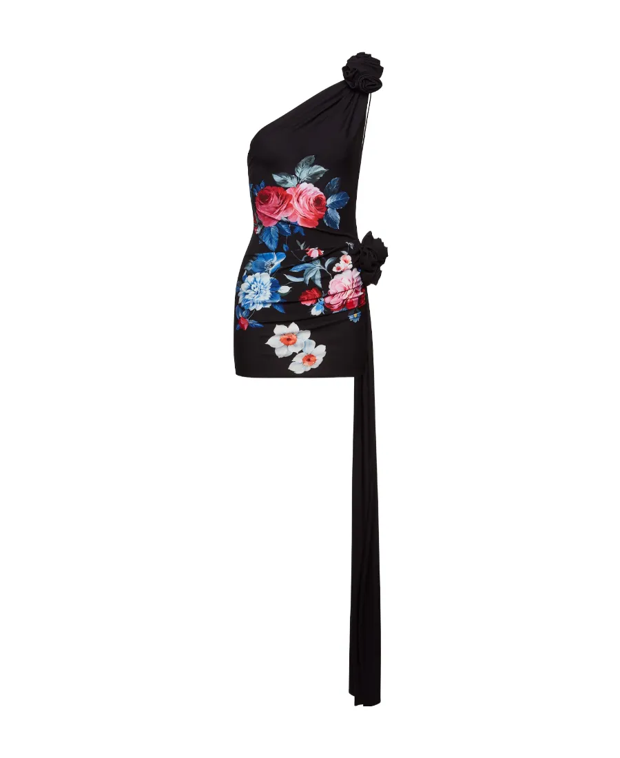 One-Shoulder Floral-Print Mini Dress