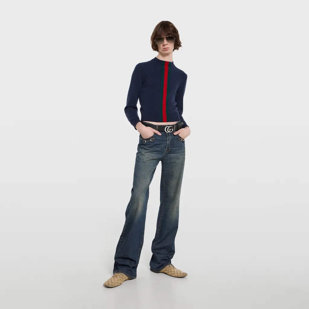 Cotton Denim Pants With Horsebit Detail