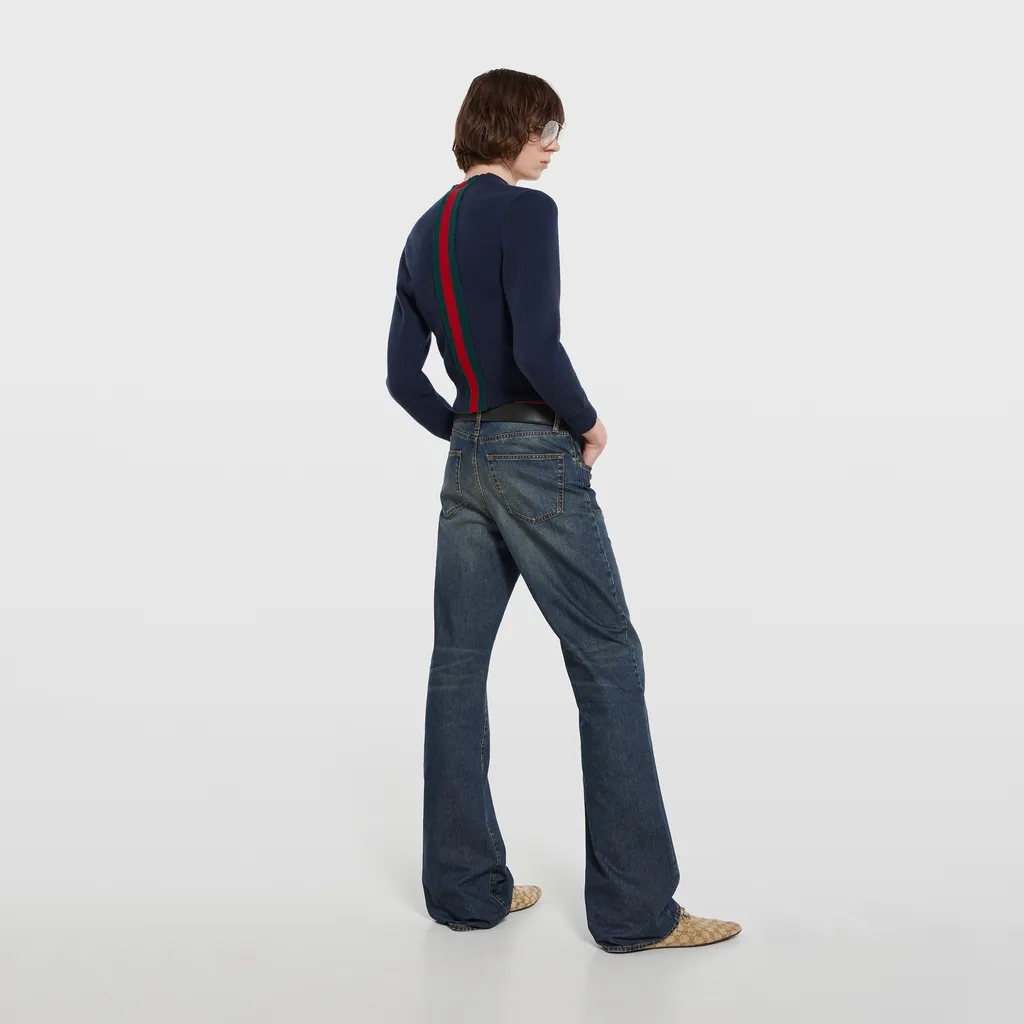 Cotton Denim Pants With Horsebit Detail