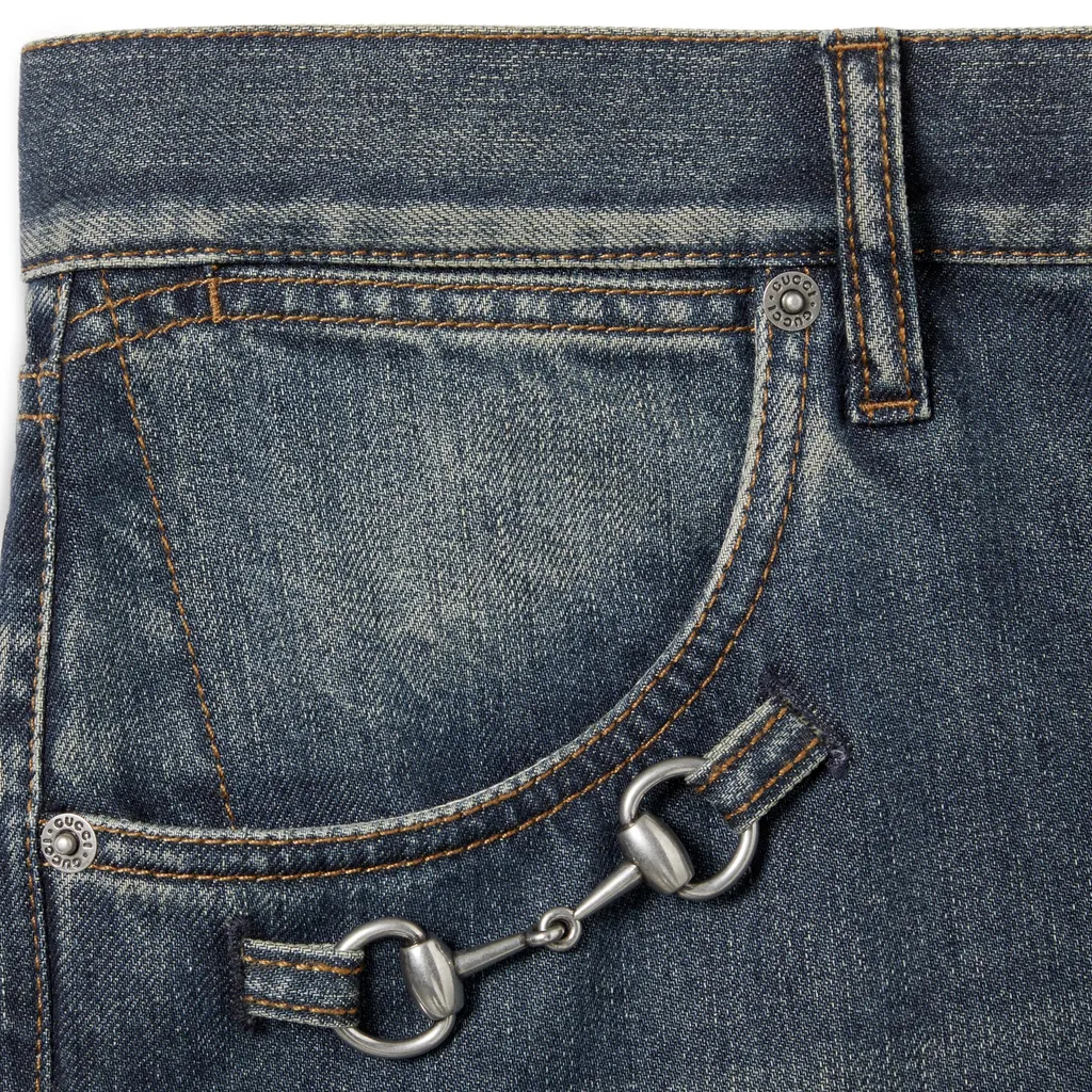Cotton Denim Pants With Horsebit Detail