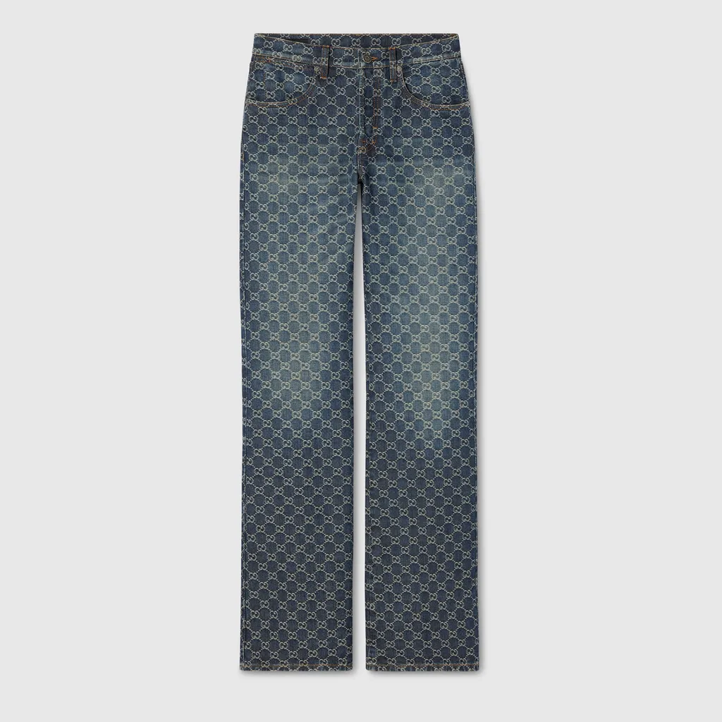 Gg Cotton Denim Jacquard Pants