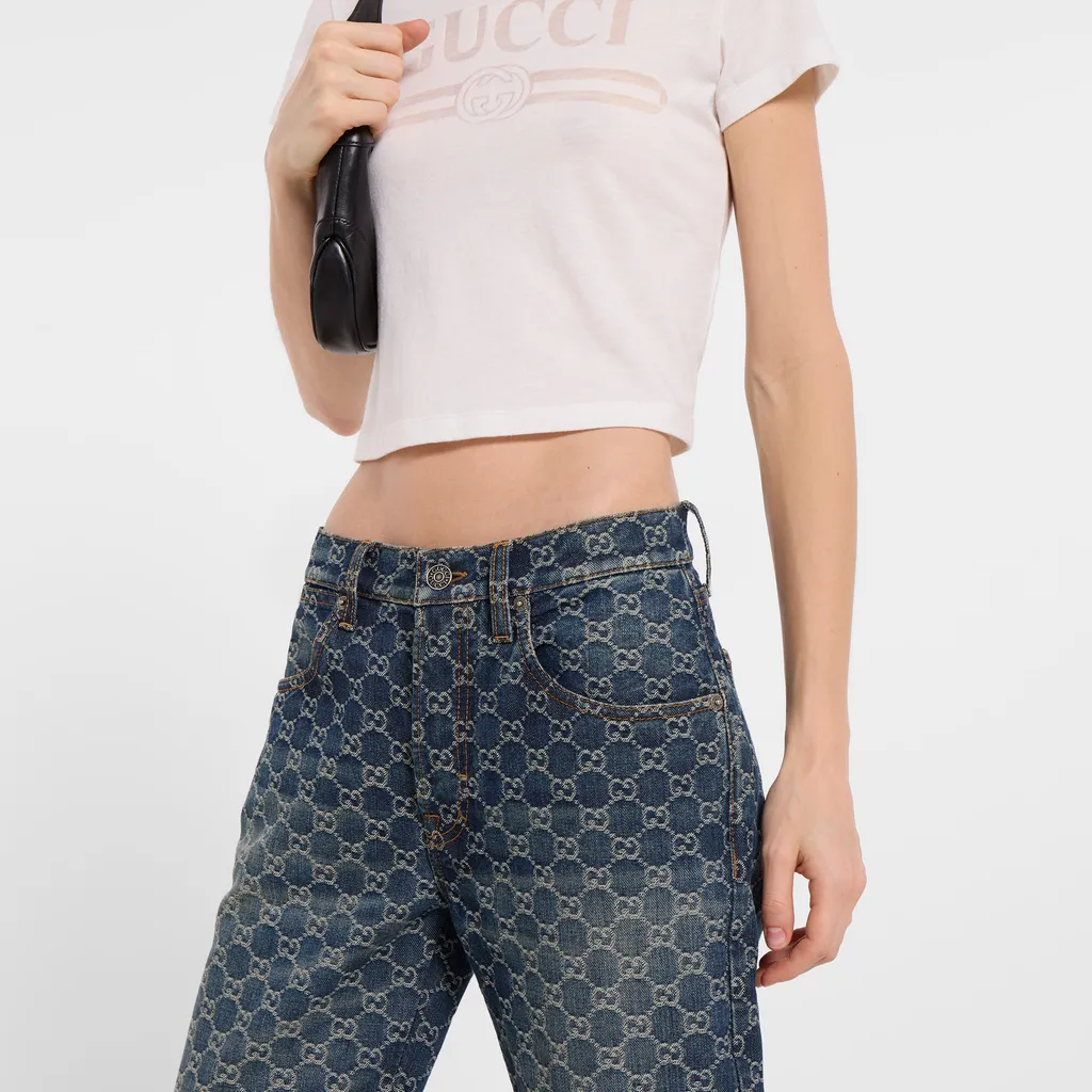 Gg Cotton Denim Jacquard Pants