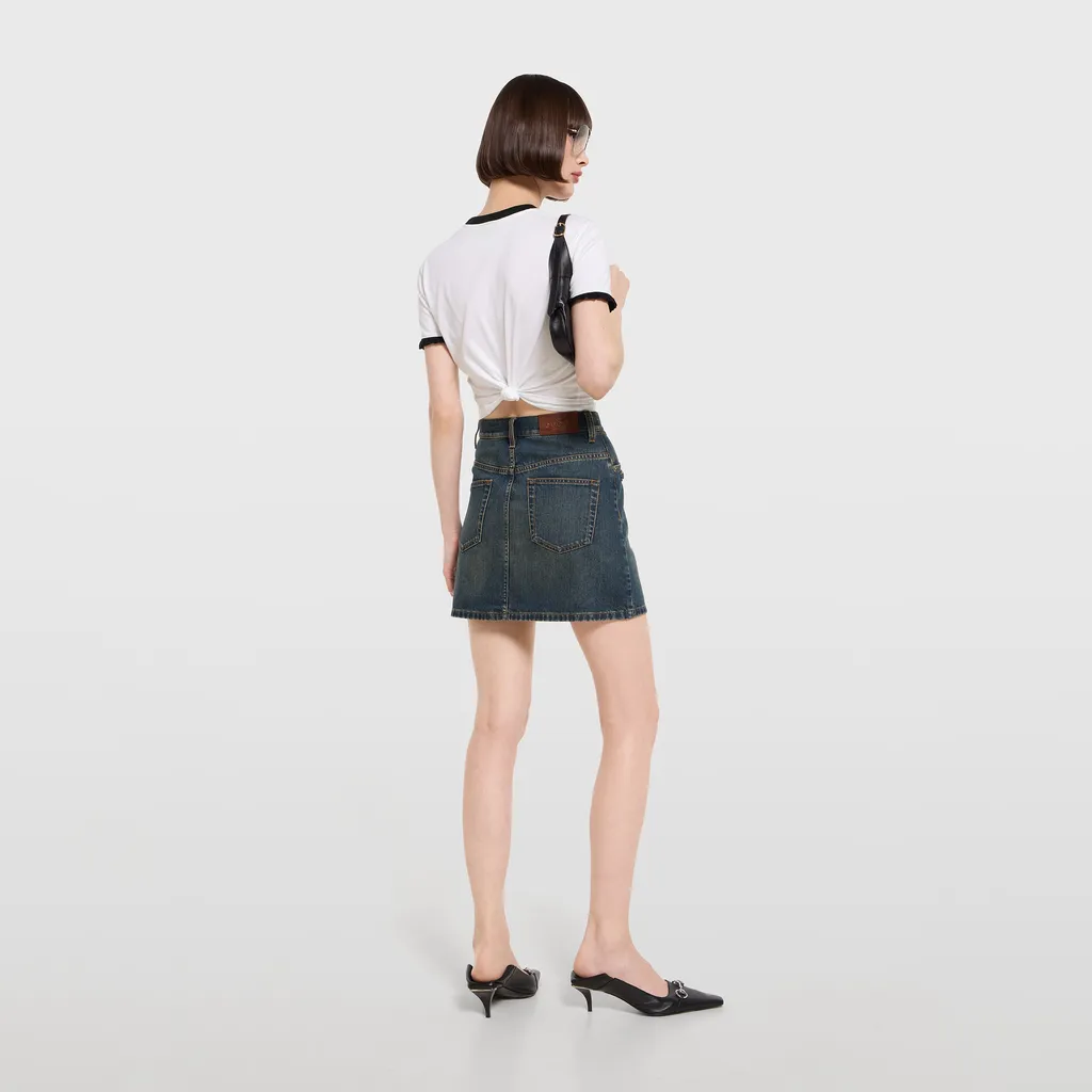Cotton Denim Skirt With Horsebit