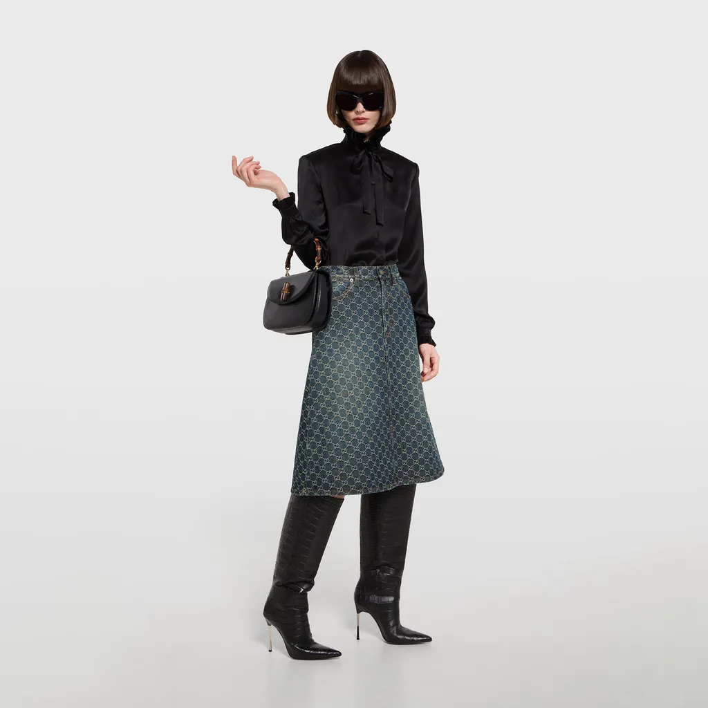 Gg Cotton Denim Jacquard Skirt