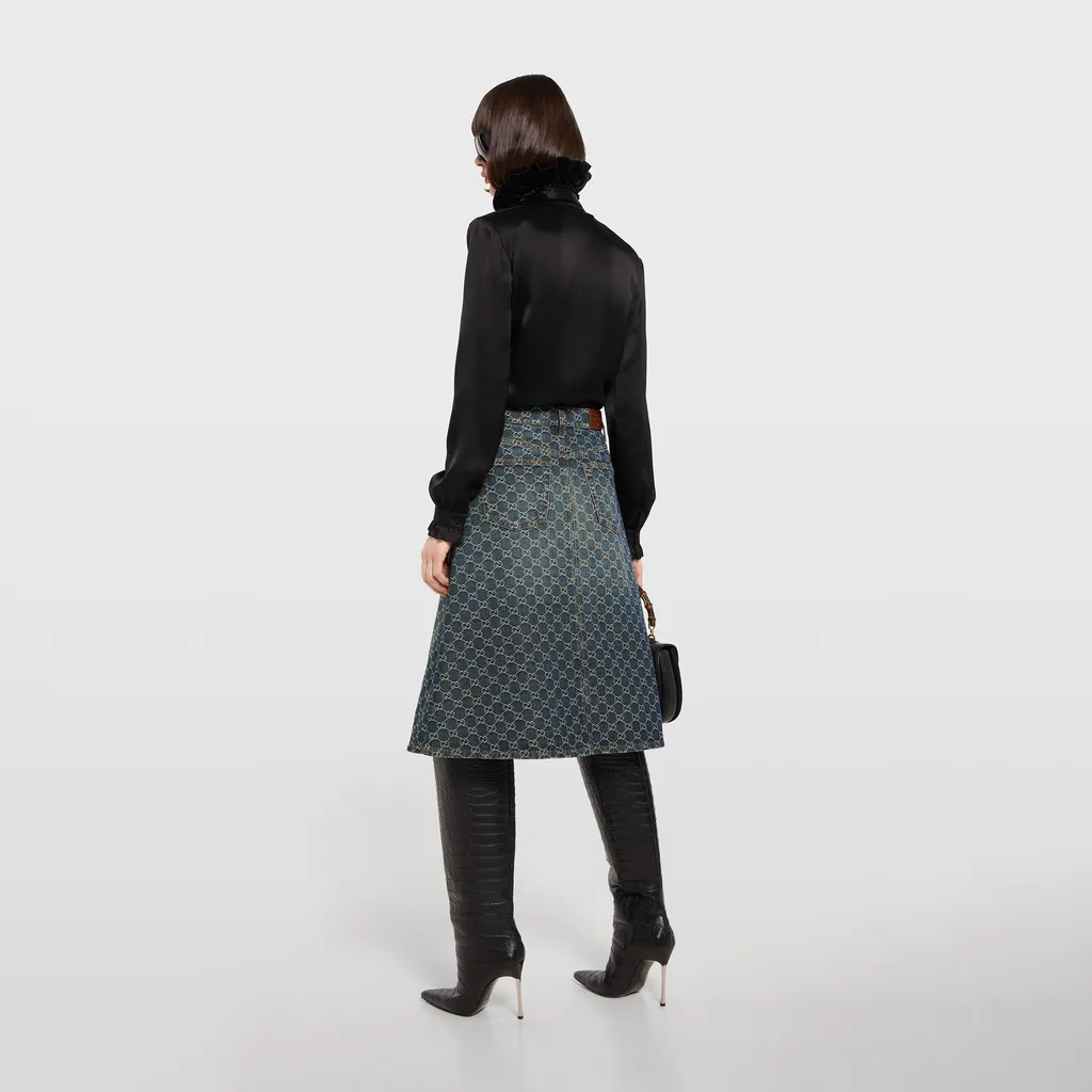 Gg Cotton Denim Jacquard Skirt