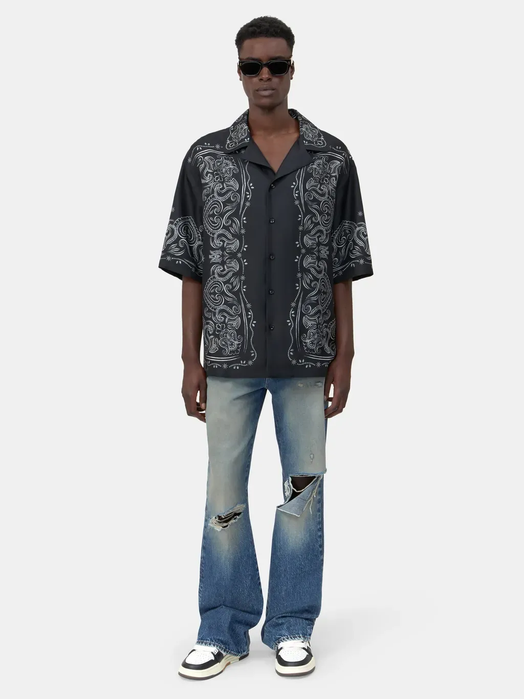 Bandana Paint Oversized Bowling Shirt - Black