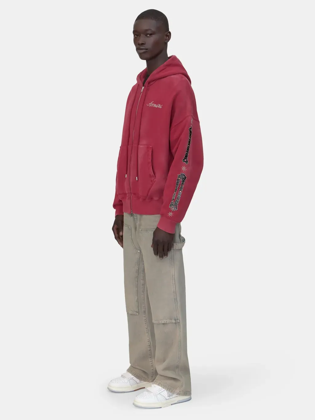 Bones Studded Oversized Zip Hoodie - Red Rose