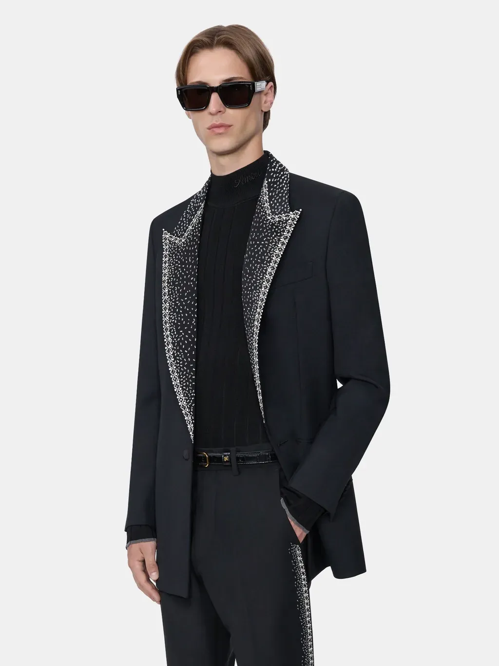 Embellished Lapel Single-Breasted Blazer - Black