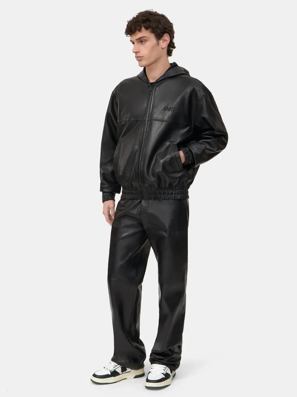 Leather Oversized Zip Hoodie - Black