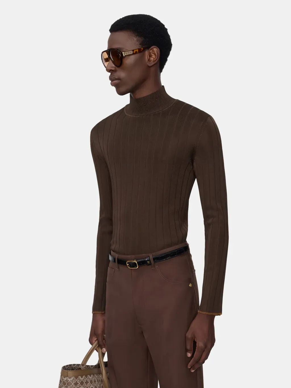 Script Mock Neck Sweater - Dark Brown