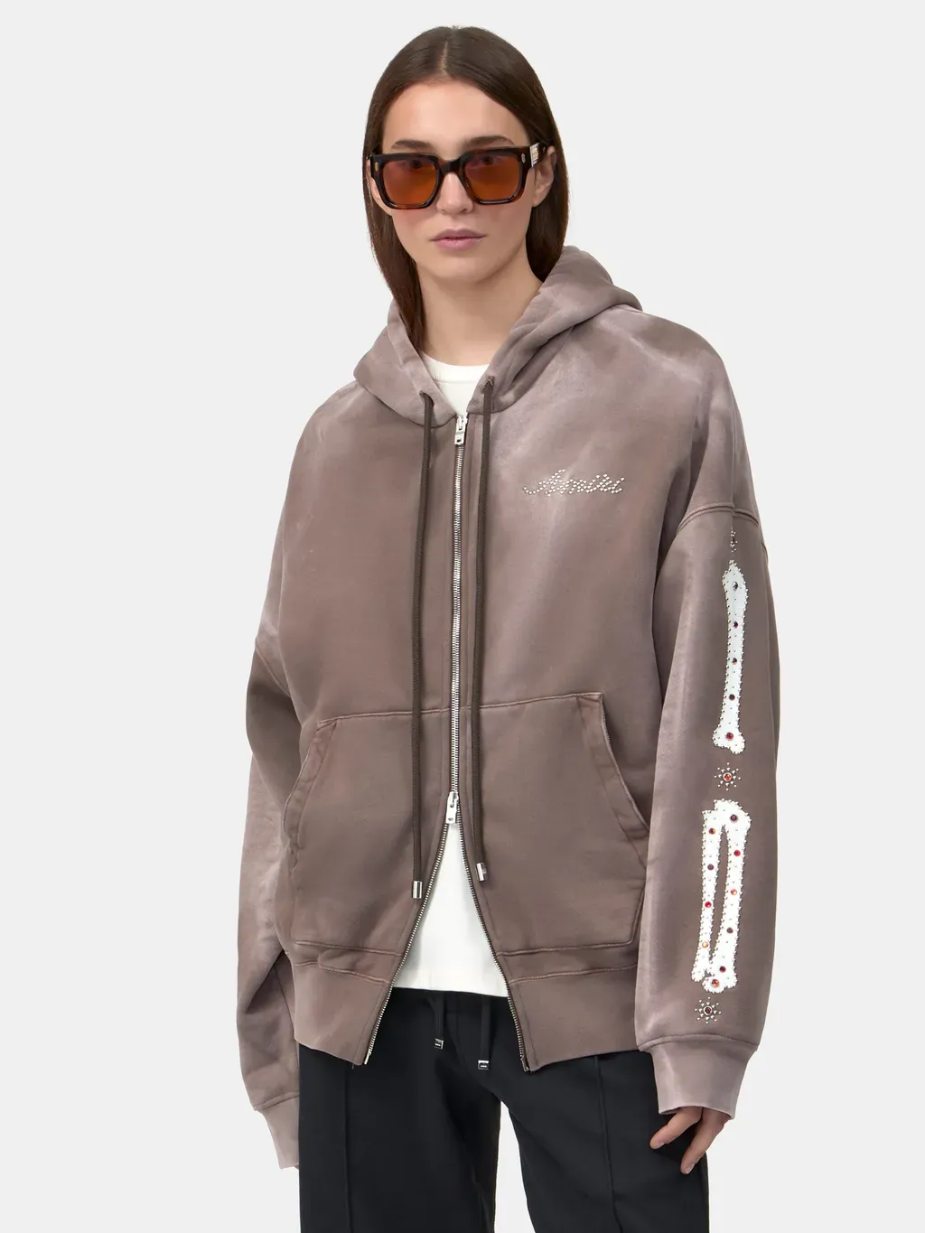 Women - Bones Studded Zip Hoodie - Dark Brown