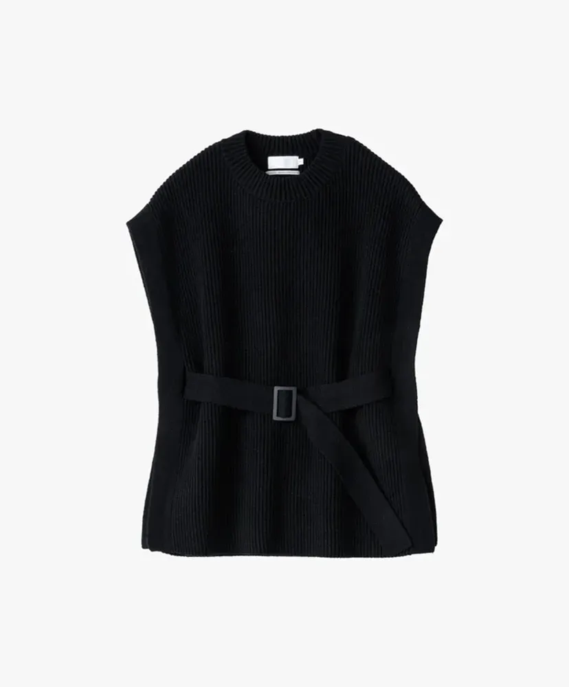 Fine Wool Rib Knit Crew Neck Belted Vest
