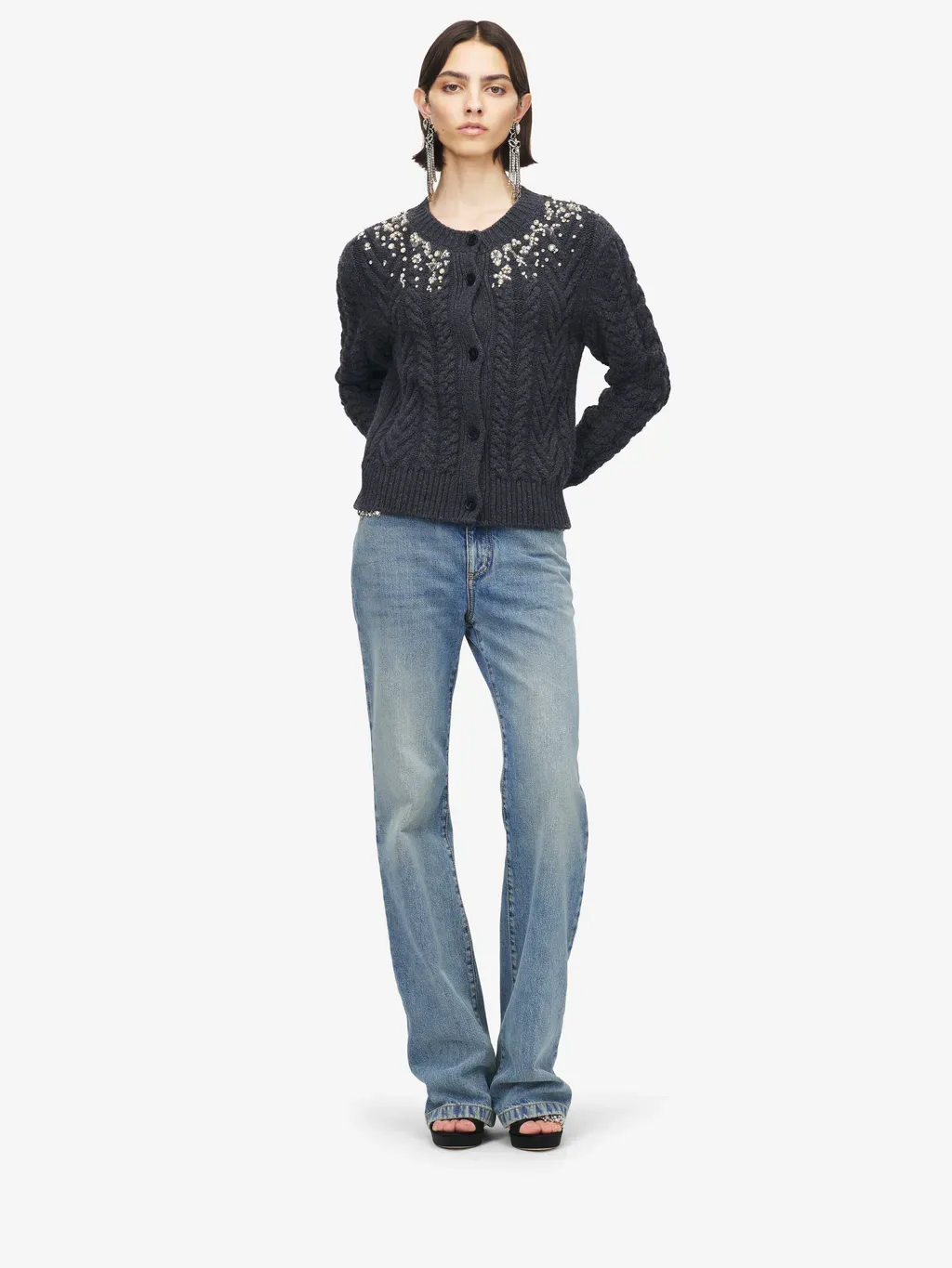 Crystal Embroidery Cable Knit Cardigan