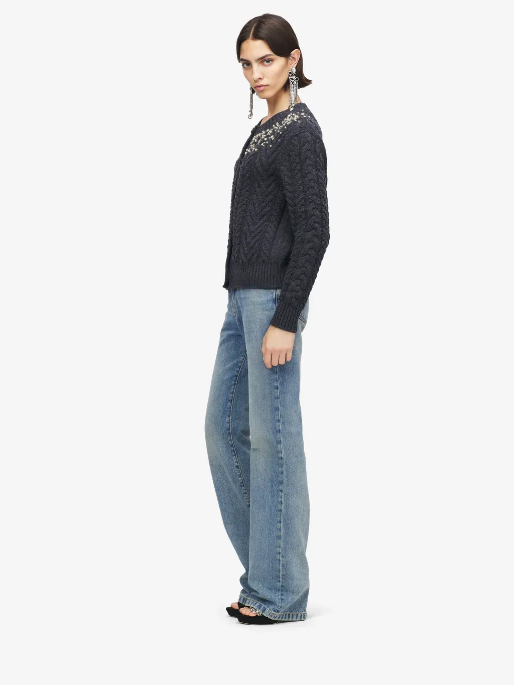Crystal Embroidery Cable Knit Cardigan