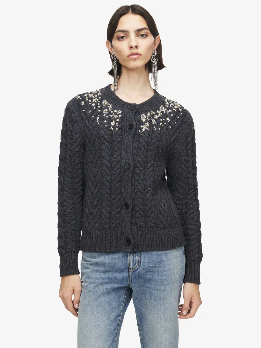 Crystal Embroidery Cable Knit Cardigan