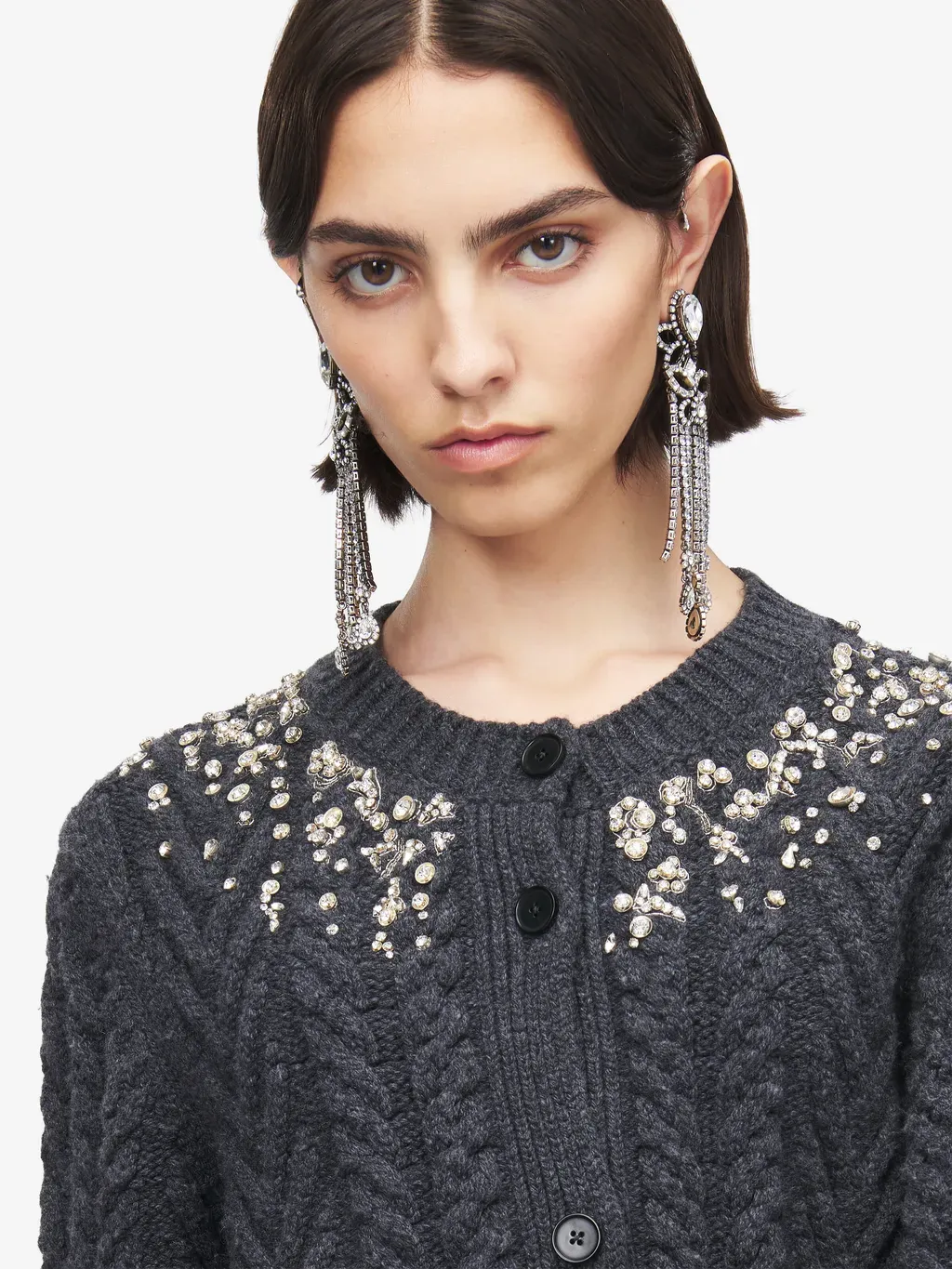 Crystal Embroidery Cable Knit Cardigan