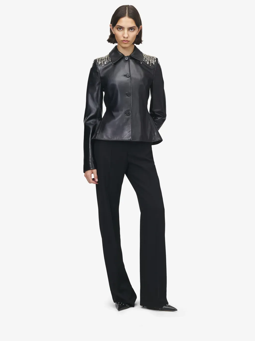 Crystal Embroidery Leather Peplum Jacket